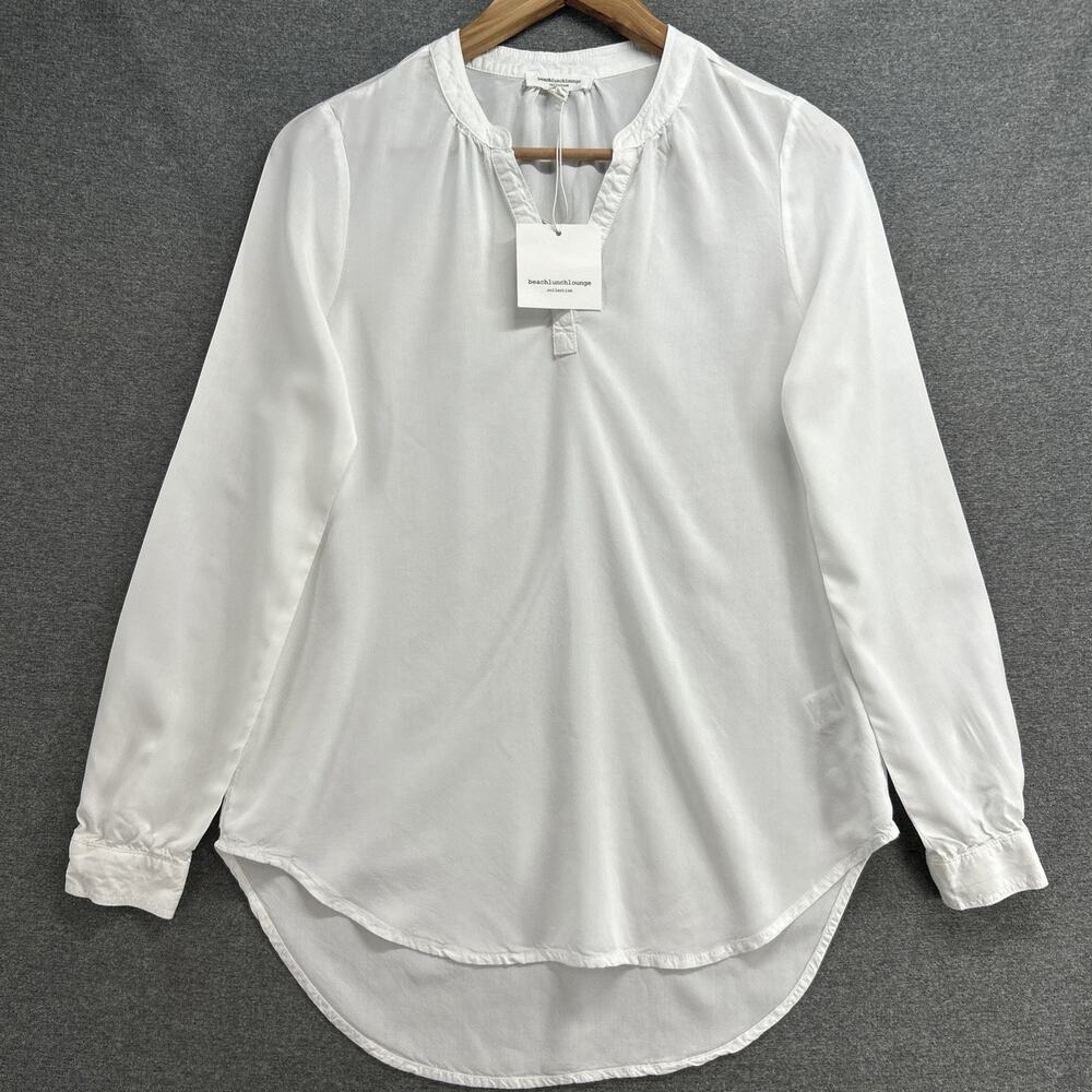 NWT BeachLunchLounge Blouse Womens XS White Long Sleeve Split Neck High Low Boho